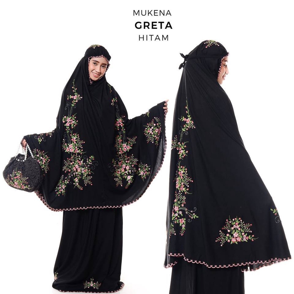 MUKENA DEWASA JUMBO KATUN RAYON BORDIR BUNGA GRETA PREMIUM TRAVEL PROMO MURAH FREE TAS