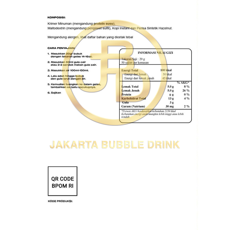 Bubuk Minuman Premium HAZELNUT - Jakarta Bubble Drink | BPOM&amp;HALAL