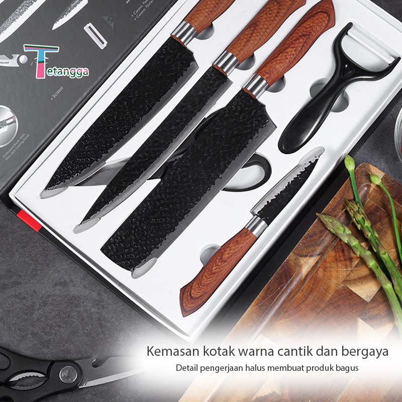 Pisau Dapur Set isi 6 pcs Wooden Holder Kitchen Knife Set Tidak Lengket Sangat Tajam Pisau