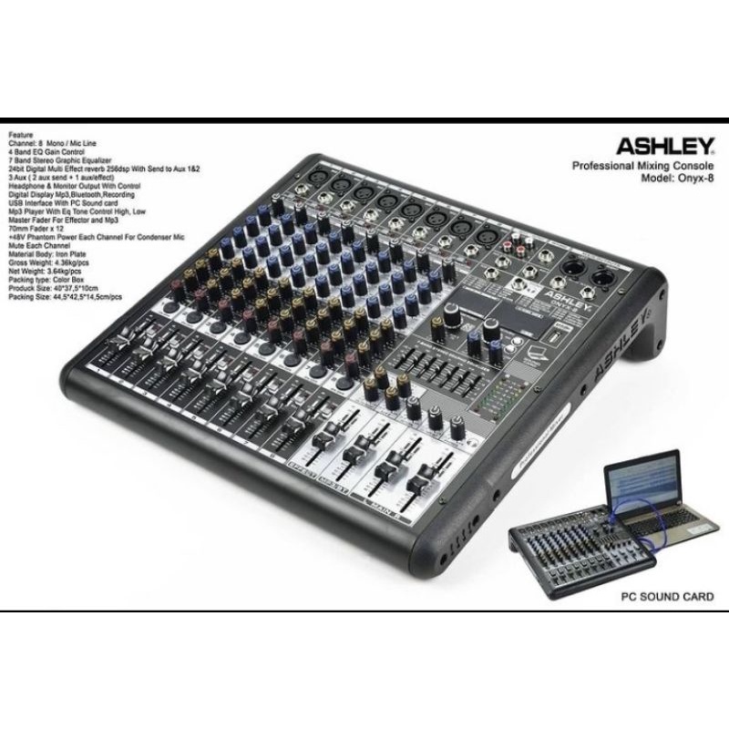 Mixer ASHLEY ONYX 8 Profesional 8 Channel Mono 7 Band Equalizer Stereo Original