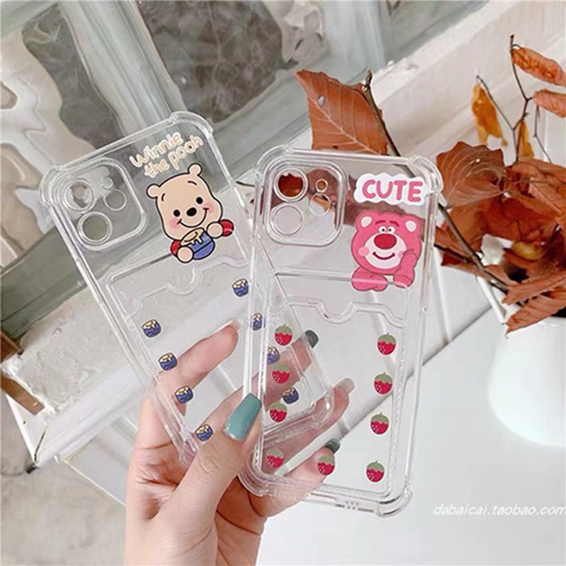 Lovely Pink Bear Card Holder Clear Phone Case for iPhone 13 12 11 Pro Max XR XS Max iPhone 7 Plus 8 Plus SE 2020 Anti-fall Wallet Card Protective Shockproof Soft TPU Back Cover