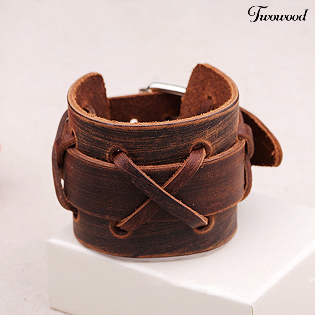 Gelang Bahan Kulit Imitasi Dengan Buckle Metal Adjustable Gaya Punk Rock Untuk Pria