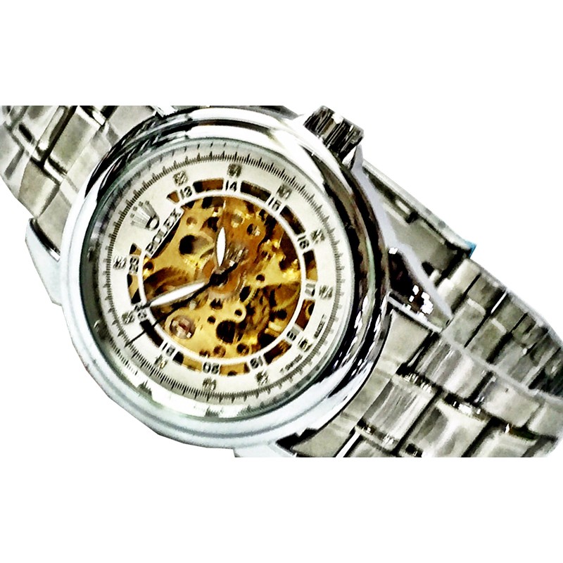 Jam Tangan Pria Skeleton Automatic Rolex Chain Silver