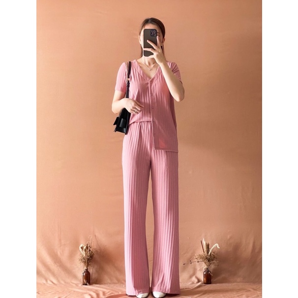 Tanno Set (Top+Pants Comfy dengan tekstur medium rib)-Dustypink