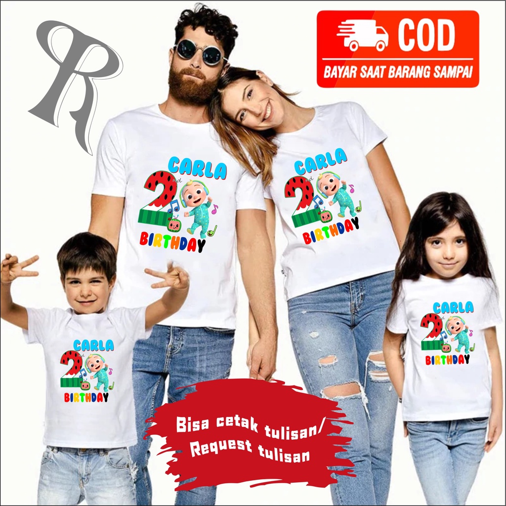 KAOS COUPLE FAMILY CUSTOM|BAJU FAMILY COUPLE ULANG TAHUN ANAK TEMA COCOMELON BISA REQUEST TULISAN