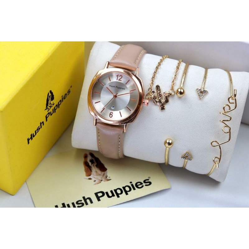 jam tangan hush puppies wanita tali kulit bonus 4 gelang dan box