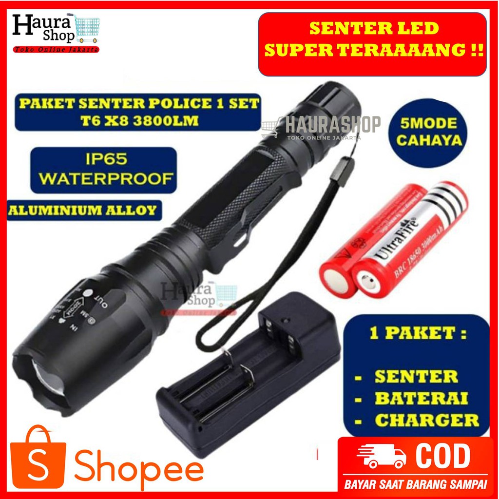 SENTER LED CREE XM-L T6 LONGDA X8 3800 Lumens 2 BATERAI DAN CHARGER SUPER TERANG JARAK JAUH