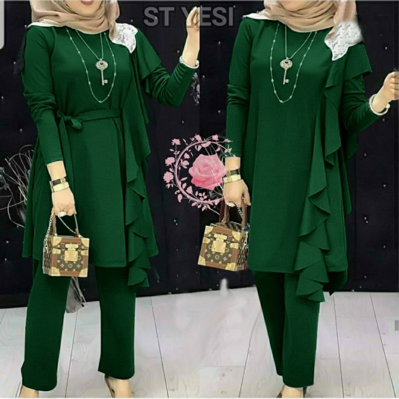 ST YESI/ SETELAN WANITA HIJAB SIZE L, XL, 2XL/ ONE SET BAHAN MOSSCREPE/ SET WANITA LENGAN PANJANG TERBARU-IJO BOTOL
