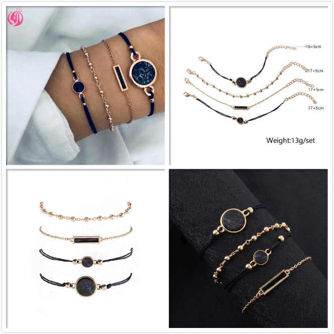 【TERSEDIA &amp; COD】[4 Pcs] Sederhana Hitam Bohemian Persegi Lingkaran Geometri Rantai Gelang Set Hadiah Elegan