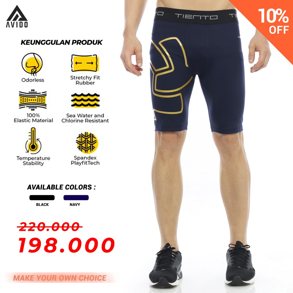 Tiento Legging Sport Pria Baselayer Celana Olahraga Pendek Pria Celana Renang Pria Exo Navy Original
