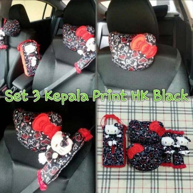 Set headrest bantal sandaran kepala jok leher mobil hello kitty hitam merah 3