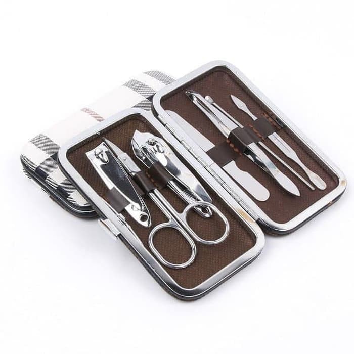 Nail Art Set 7 Pcs Gunting Kuku Dompet Cokelat Brown Pouch Perlengkapan Manicure Pedicure