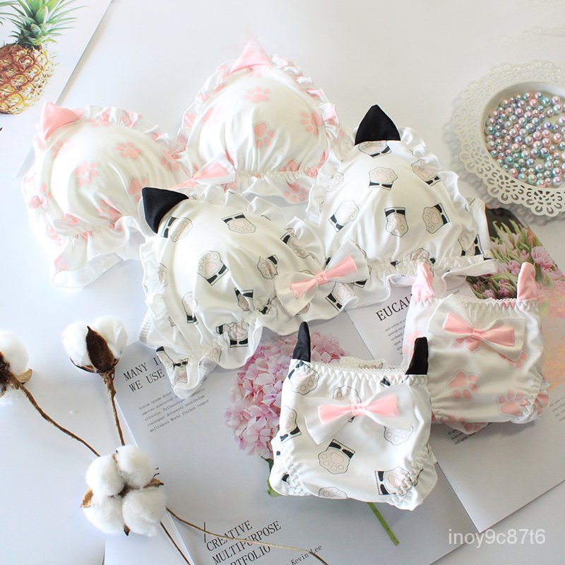 Cute Printed Cat Claw Wire Free Bra Set Sweet Girl Lolita Underwear Set Cos Stereo Ear Bra and Panty