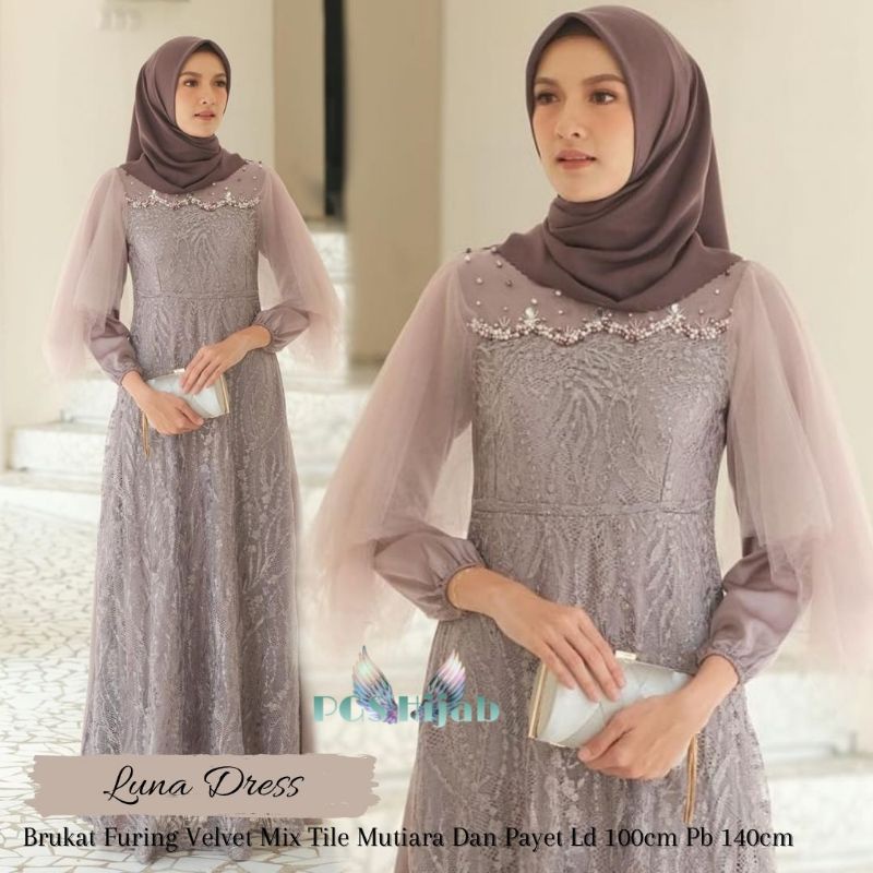 Luna Dress Brukat Tile Apply Mutiara Gamis Shelomita Brukat Gamis Kondangan Gamis Brukat Remaja Muslimah Cantik Outfit Kondangan Gaun Pesta Mewah Dress Bridesmaid Seragam Pernikahan Dress Party Terbaru Dress Muslimah Jumbo xxl ld 120