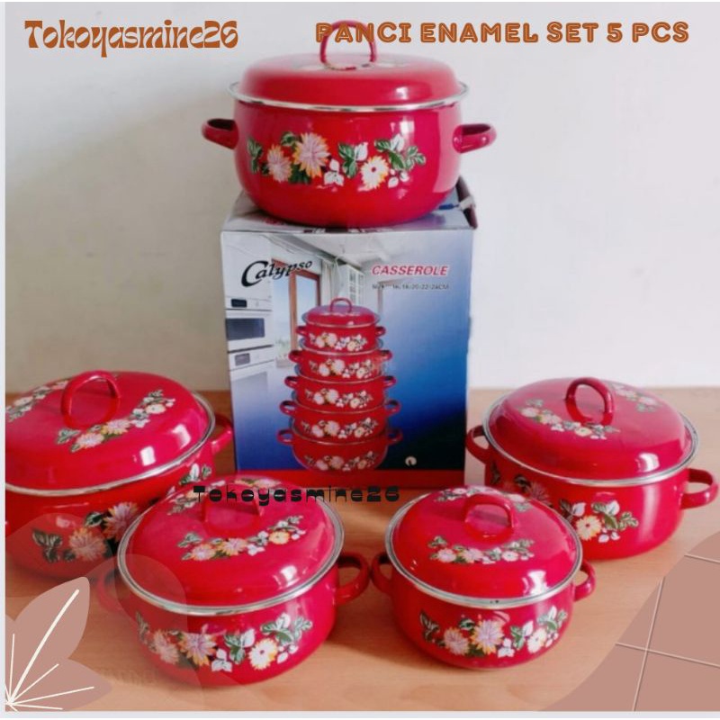 Panci Enamel Calypso Set 5 Pcs/Panci Jadul Motif Bunga