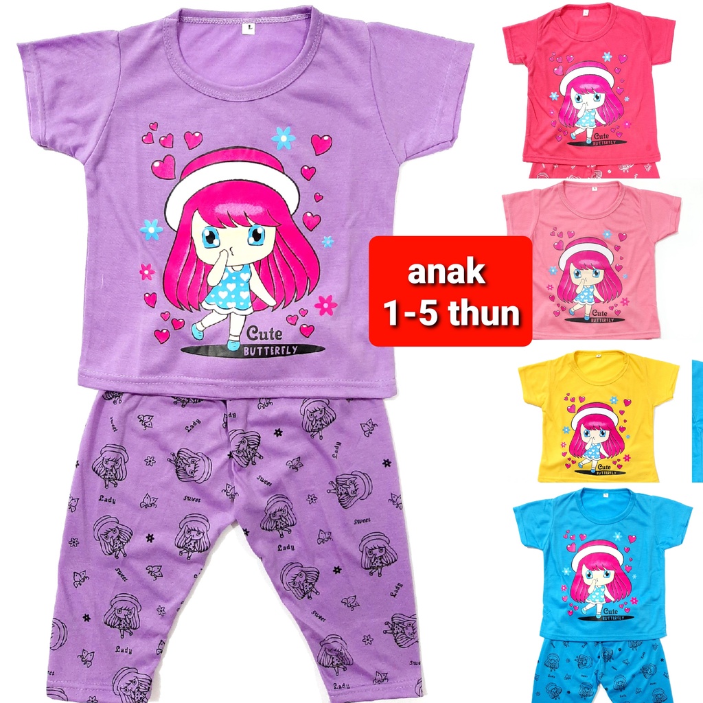 setelan anak perempuan 1-5thn lengan pendek celana panjang CP SMLXL kaos cewek baju tidur topi Grosir