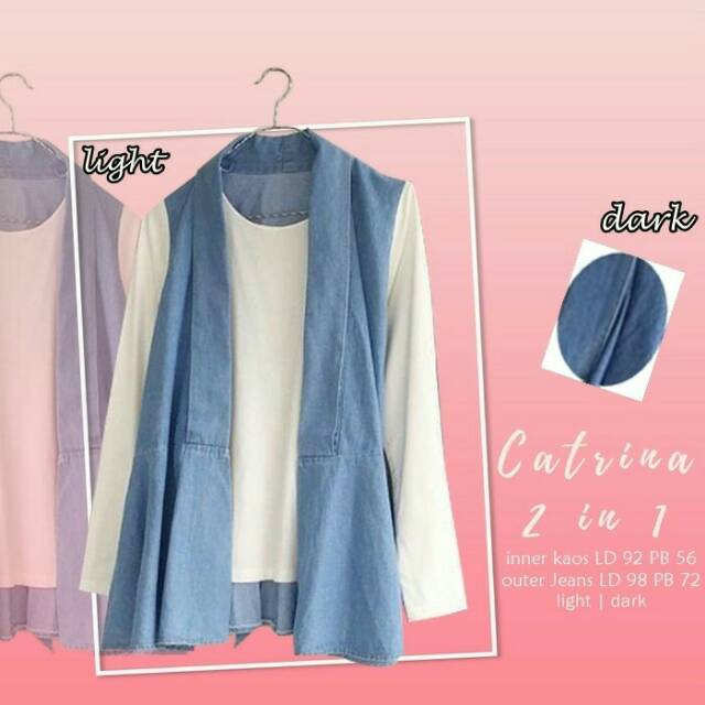 Catrina 2 in 1 Jeans. Baju Atasan Hijab Muslim Wanita Murah. Baju Putih Polos Rompi Cewek Lucu
