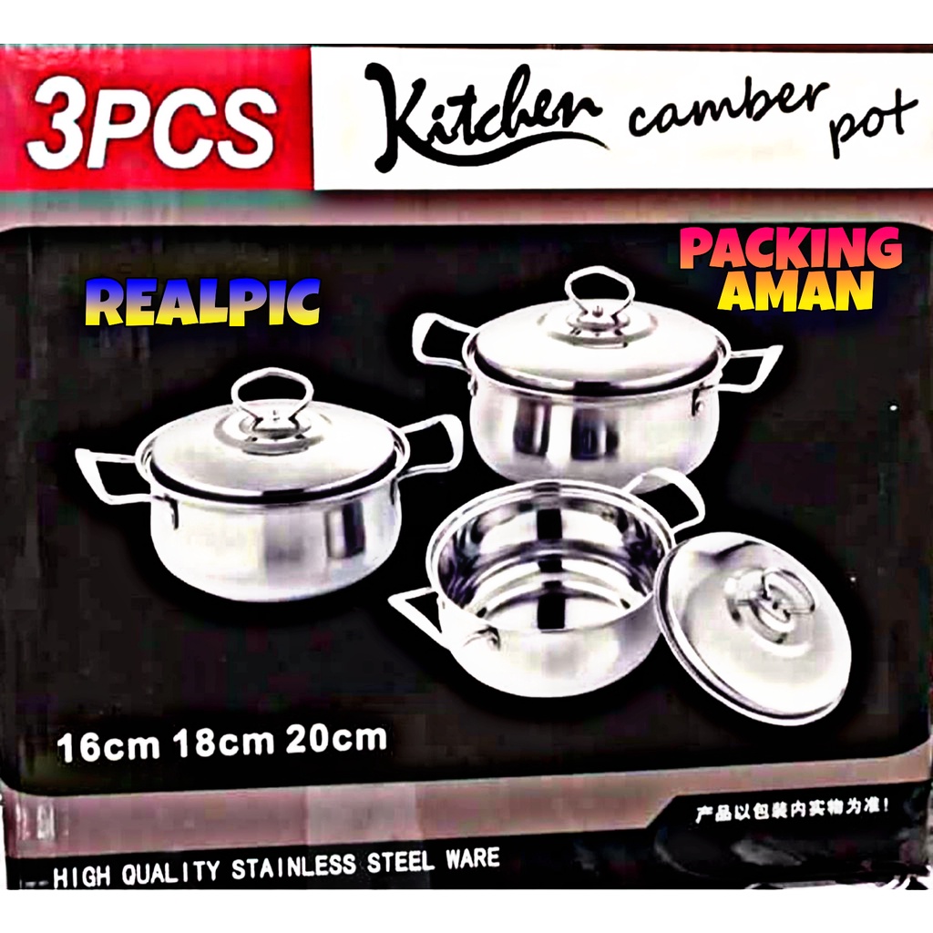 PROMO (BISA COD) Kitchen Stainless Steel Camber Pots 6pcs /  Panci Rebus 3 Set / Panci Sup / Soup Pot / Panci Set Cookware Stainless Steel / Soup Pot Silver Dengan Tutup