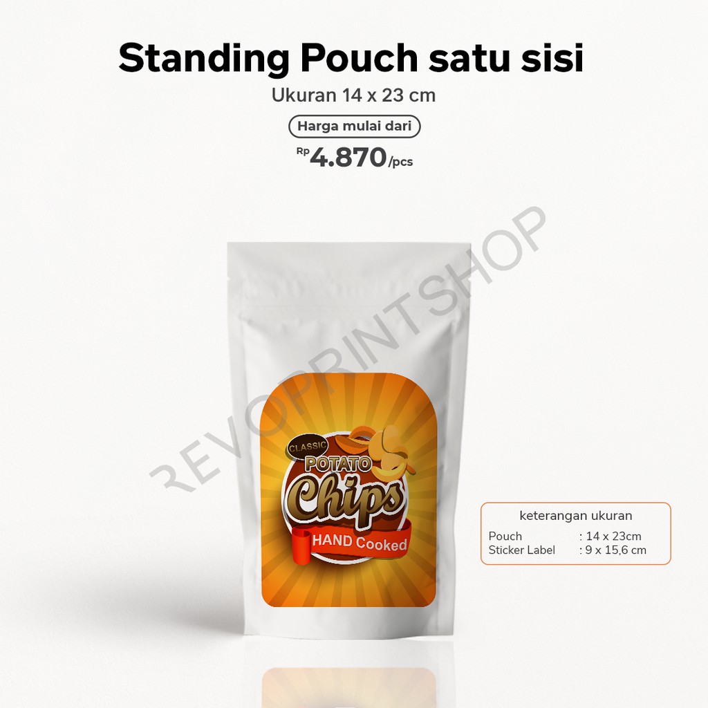 

Cetak Stiker Label + Standing Pouch 14x23cm/Cetak Kemasan Keripik/Kemasan Biji Kopi/Label Kemasan