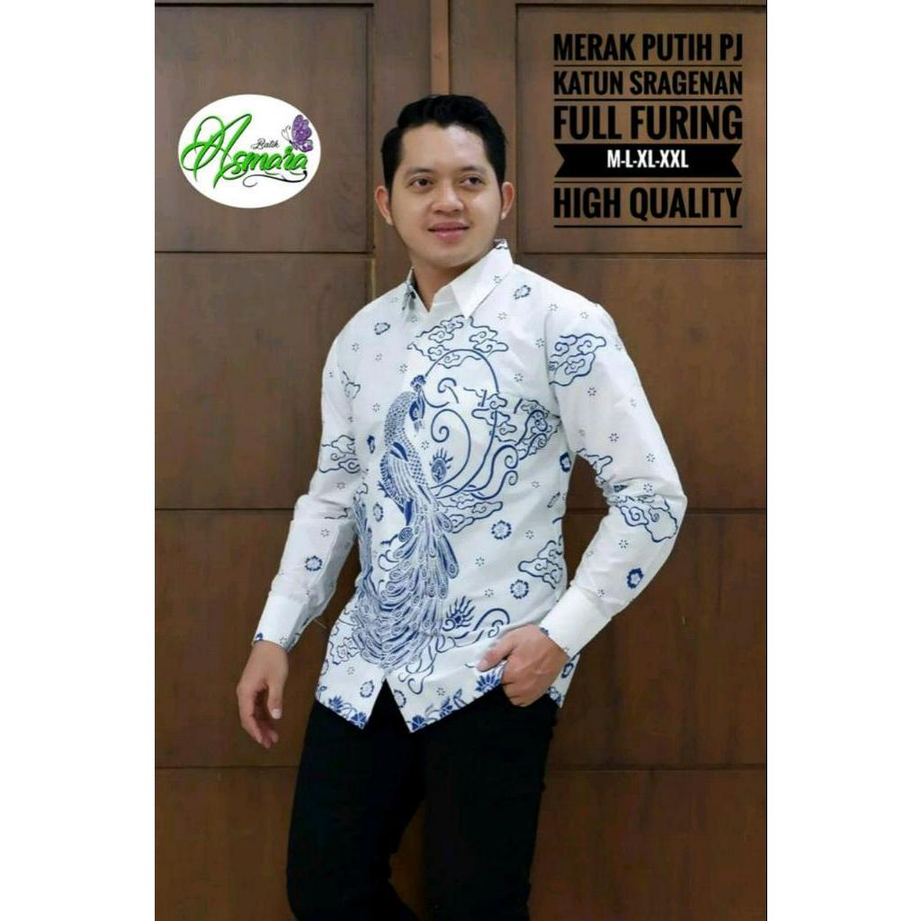 Kemeja Batik Warna Putih Eksklusif MERAK PUTIH PANJANG Baju Batik Lapis Furing Baju Batik Panjang