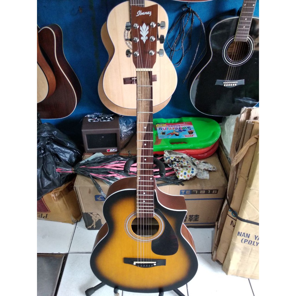 Gitar Akustik Jumbo Merk Ibanez Warna Sunburst Cutaway Sunaky Trusrod Senar String Jakarta Murah