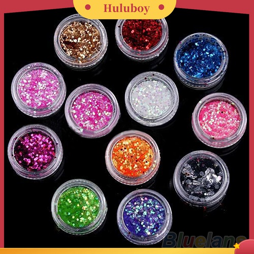 Huluboy Huluboy♡ Set Bubuk Payet Glitter Akrilik UV Gel 12 Warna Untuk Dekorasi Nail Art