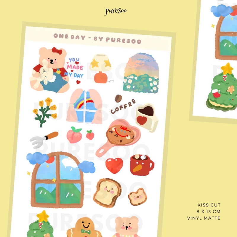 

puresoo - one day sticker sheet, kiss cut (langsung tempel) vinyl matte korean style (gaya korea), cute journaling decoration sticker sheet