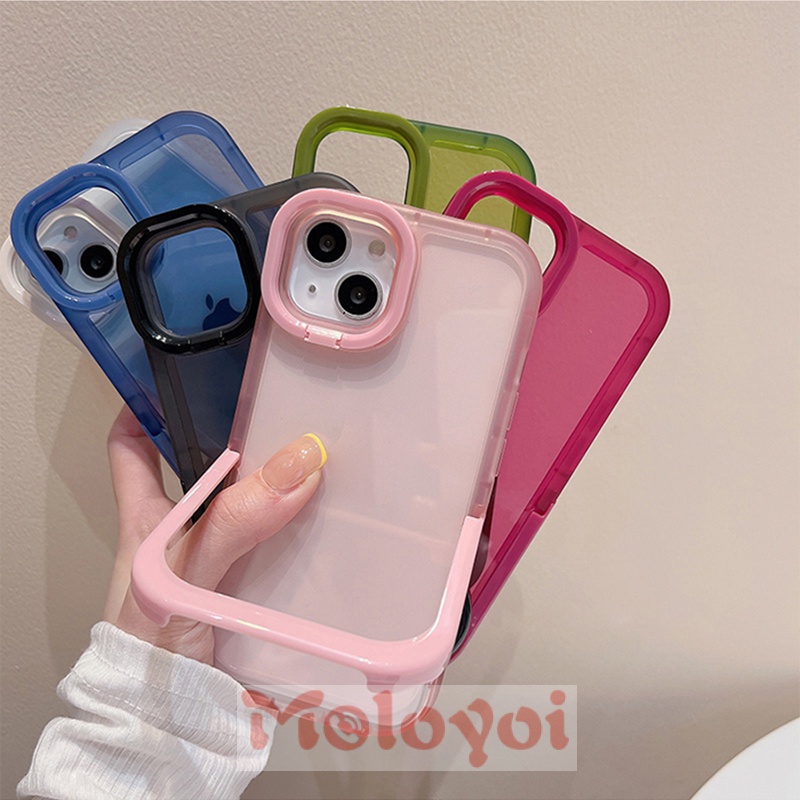 Soft Case TPU Warna Macaron Polos Dengan Kickstand Lipat 2 IN 1 Untuk IPhone 8plus 11 Pro MAX XR X 7plus 13 12 11 Pro MAX 7 8 Plus XS MAX