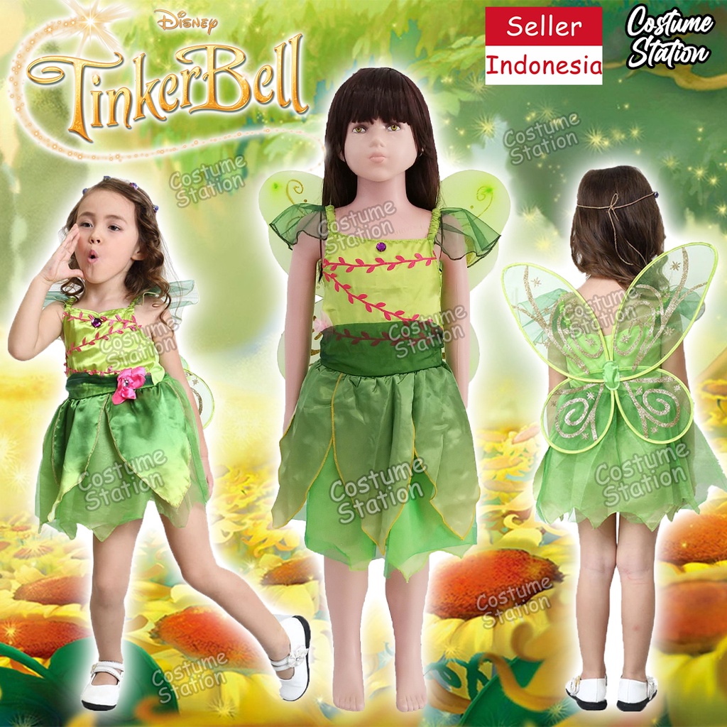 Kostum Tinkerbell Short Dress / Costume Princess Fairy Peter Pan Peri Hijau anak perempuan