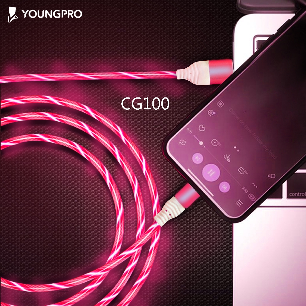 GARANSI 12 BULAN!!! YOUNGPRO CG100c Kabel Data LED TYPE C USB Glowing Flowing Fast Charging QC 3.0 KABEL DATA NATAL