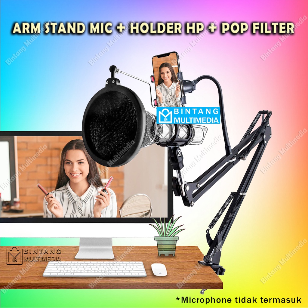 Arm Stand Mic Besi + Holder HP Pop Filter Dudukan Mikrofon Podcast Meja Jepit Lazypod BM800