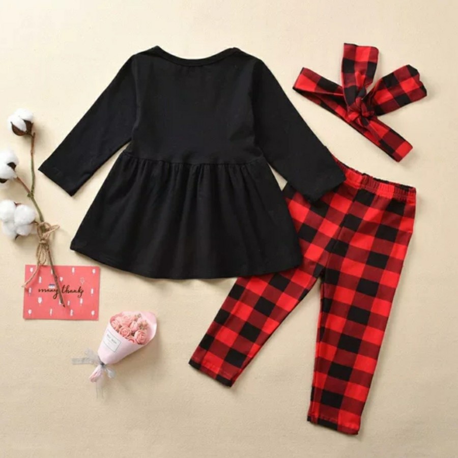 Christmas Set Girl Black Top w Black Red Checkered pants Setelan natal