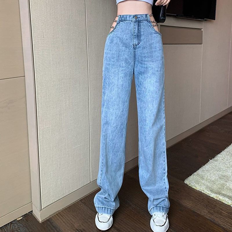 Suhao Rantai Tinggi Pinggang Longgar Jeans Wanita Musim Panas Tipis Retro Lebar Kaki Pel Celana