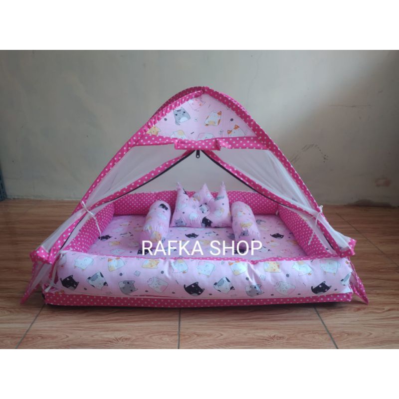 KASUR BAYI TENDA KELAMBU TERPISAH KUCING PINK+ BANTAL MAHKOTA+ TAS MIKA