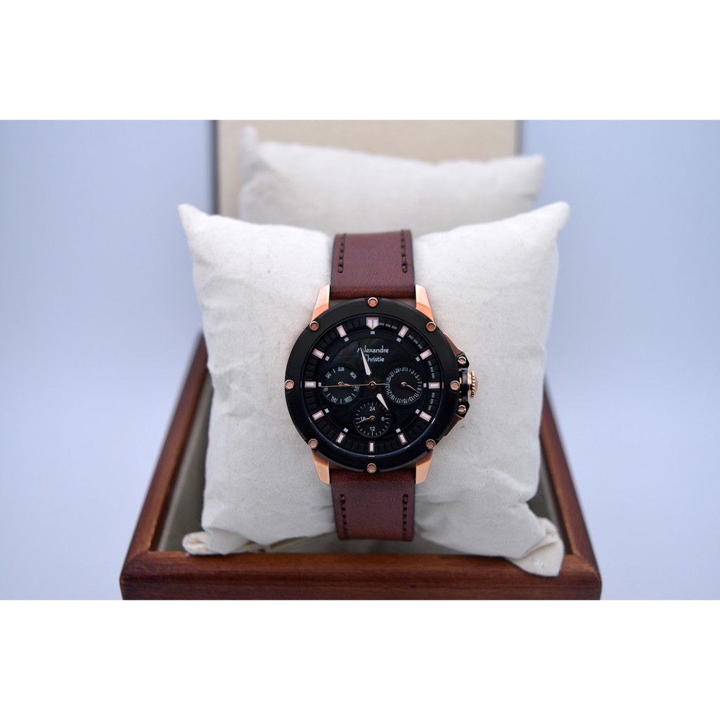 Alexandre Christie AC 6416 Rose Gold Black Leather Brown for Ladies Original