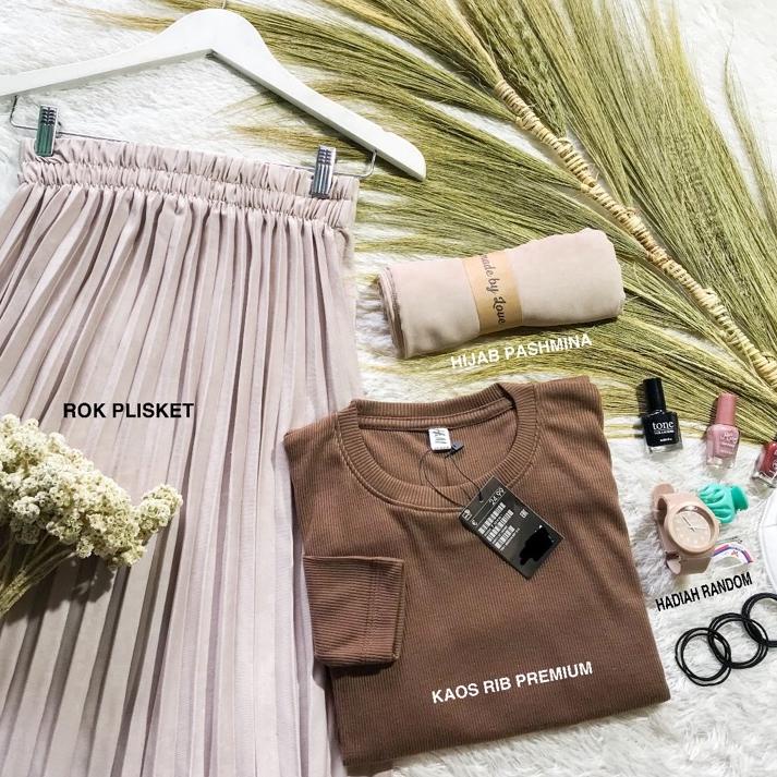 Harga TERMURAAH.. 3IN1 SETELAN KAOS RIB + ROK PLISKET + PASHMINA  / ONE SET OOTD MUSLIM