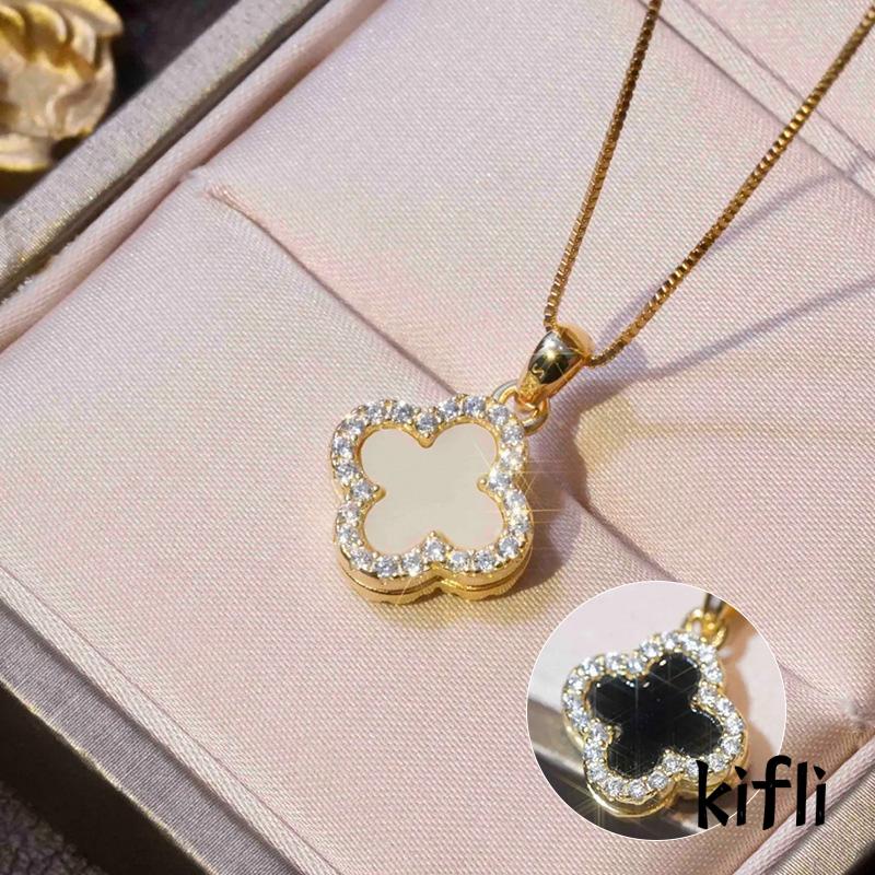 Kalung Rantai Liontin Daun Clover Hias Kristal Zircon Mewah Untuk Wanita (KD)