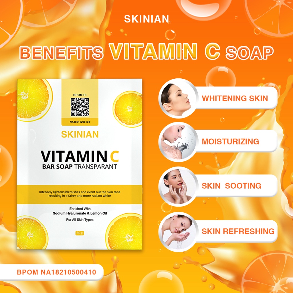 Sabun Skinian Vitamin C Bar Soap Pencerah Kulit Muka Sabun Pengencang Wajah Penghilang Bekas Luka Di Wajah Penghilang Kerutan Wajah Kerutan Bawah Mata Sabun Untuk Kulit Belang Penghilang Flek Hitam Di Wajah Ampuh BPOM Sabun Batang Pitamin C Sabun Kolagen