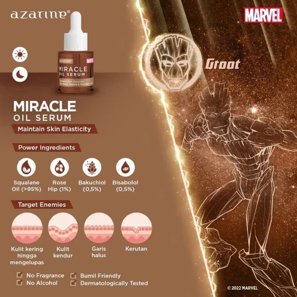 AZARINE Miracle Oil Serum Indonesia / Anti Aging Series 20ml / Penuaan Dini Wajah / Superhero Marvel Edition / Skincare Face Care Facial Wash Foam Scrub MicellarWater Toner Essence Mist Day Night Eye Cream Sunscreen Mask Moisturizer / Paket Lengkap Set