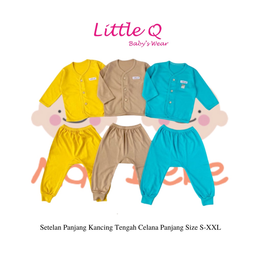 [Size SML] Little Q Setelan Plain Set Polos Panjang Kancing Tengah Celana Panjang Bis Isi 3 Pcs