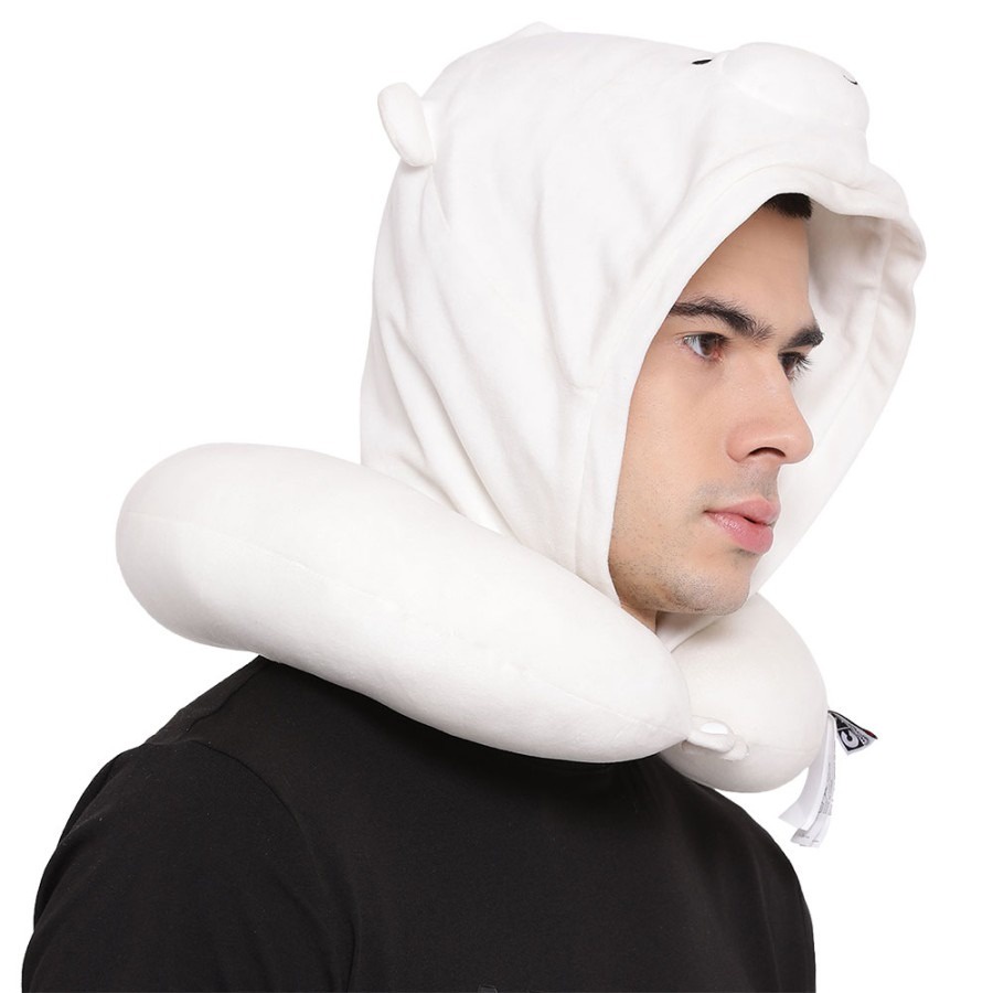 Miniso We Bare Bears U-Shaped Pillow With Hoodie Plus Bantal Leher Topi Tudung