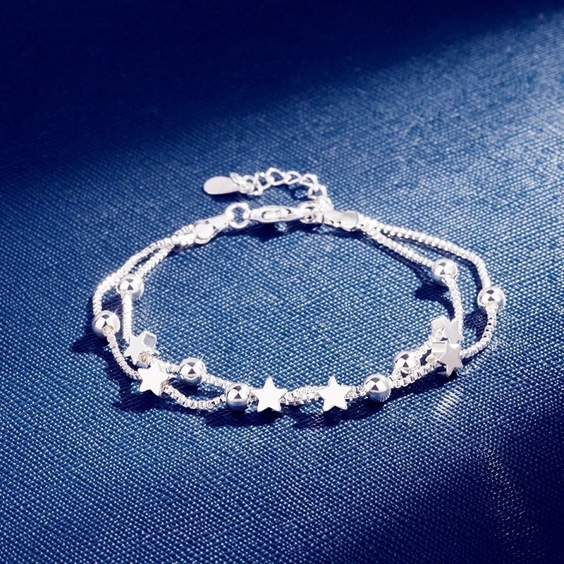 Gelang Lapis Ganda Hias Manik-Manik Bintang Warna Silver Gaya Korea Klasik Untuk Wanita