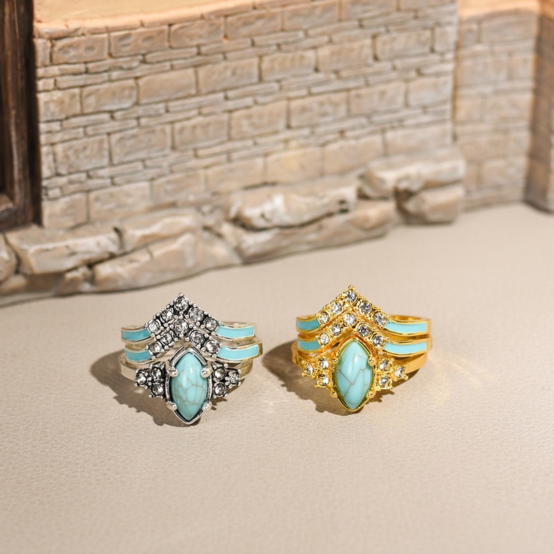 3pcs / Set Cincin Wanita Hias Turquoise Berlian Imitasi Gaya Retro Untuk Pesta Pernikahan / Hadiah