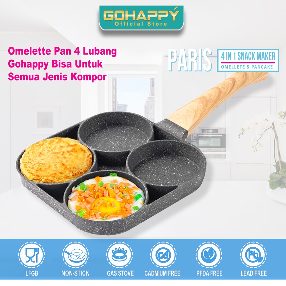 Frypan 4 in 1 Marble Coating- OMELETTE PAN GOHAPPY | Panci Cetakan kue breakfast 4 in 1 telur mie pancake paris