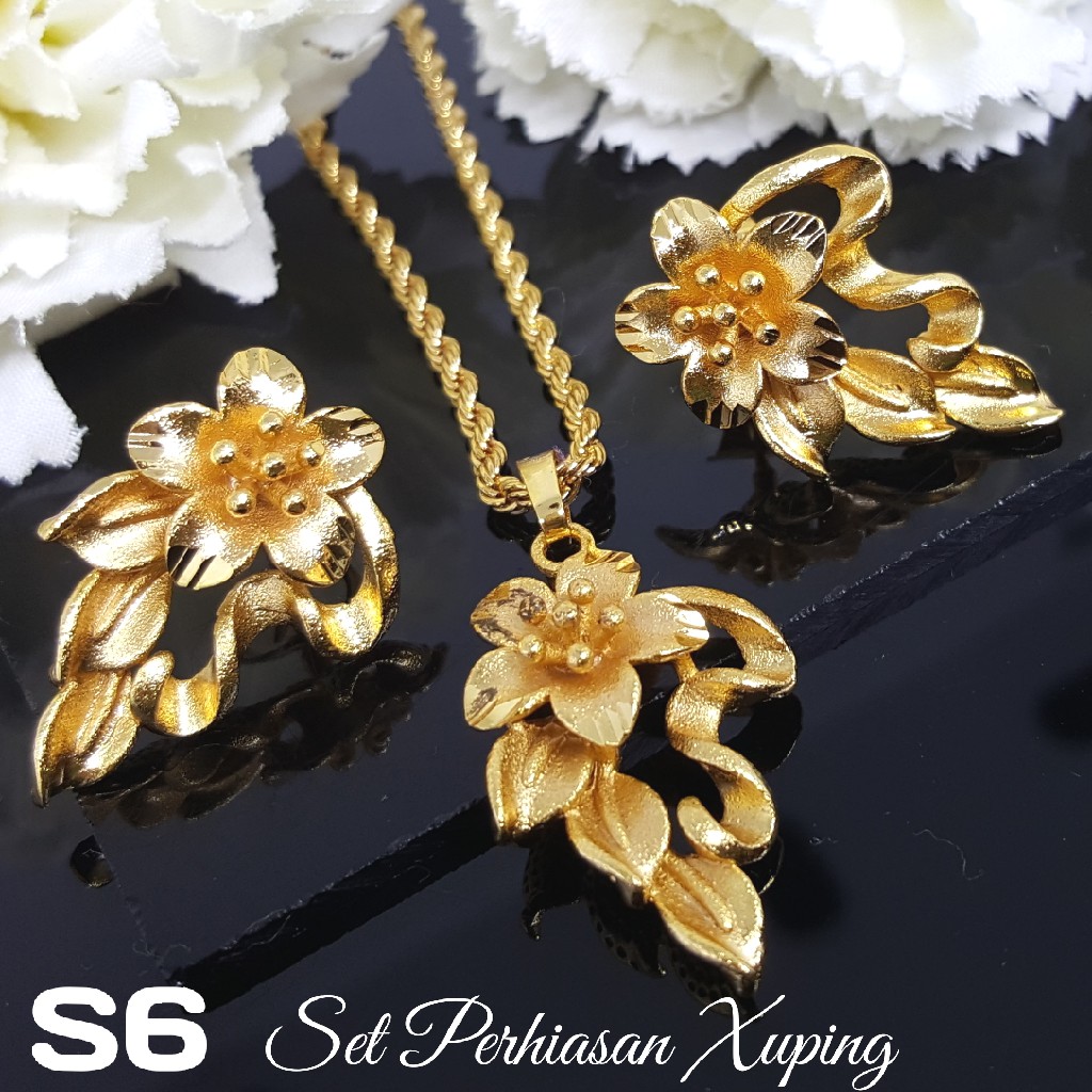 S6 Set Perhiasan Xuping Cantik Anting Kalung Liontin Xuping Lapis Emas