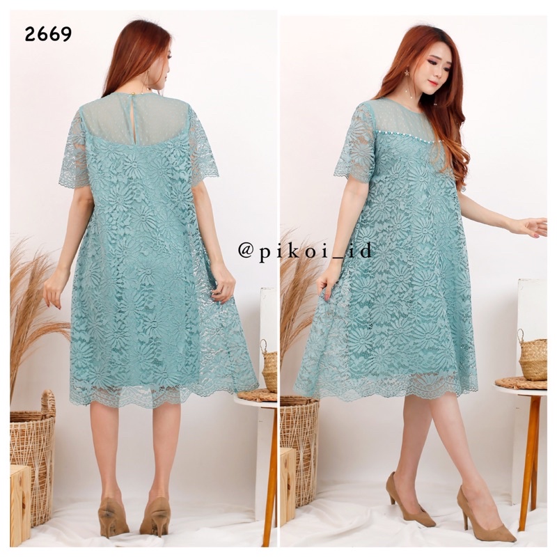 Dress brukat imlek kondangan pesta merah / dress brokat korean style / dress lace bangkok / 2669