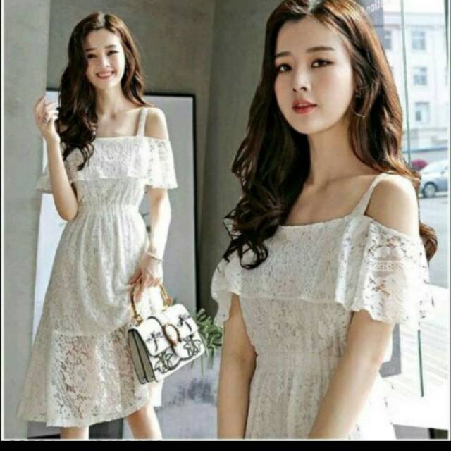 Dress Midi Mini Sabrina Brukat Putih Bagus Model Cantik Casual Formal