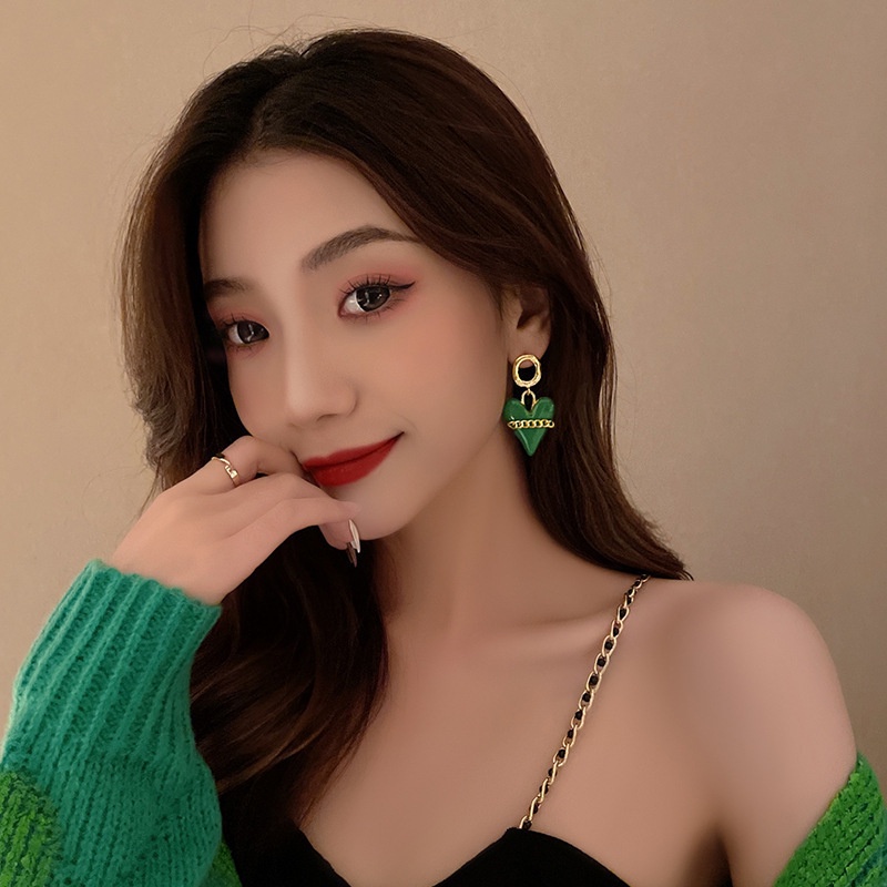 Anting Tusuk Gantung Bahan Sterling silver 925 Desain Hati Hijau Gaya Korea Untuk Wanita