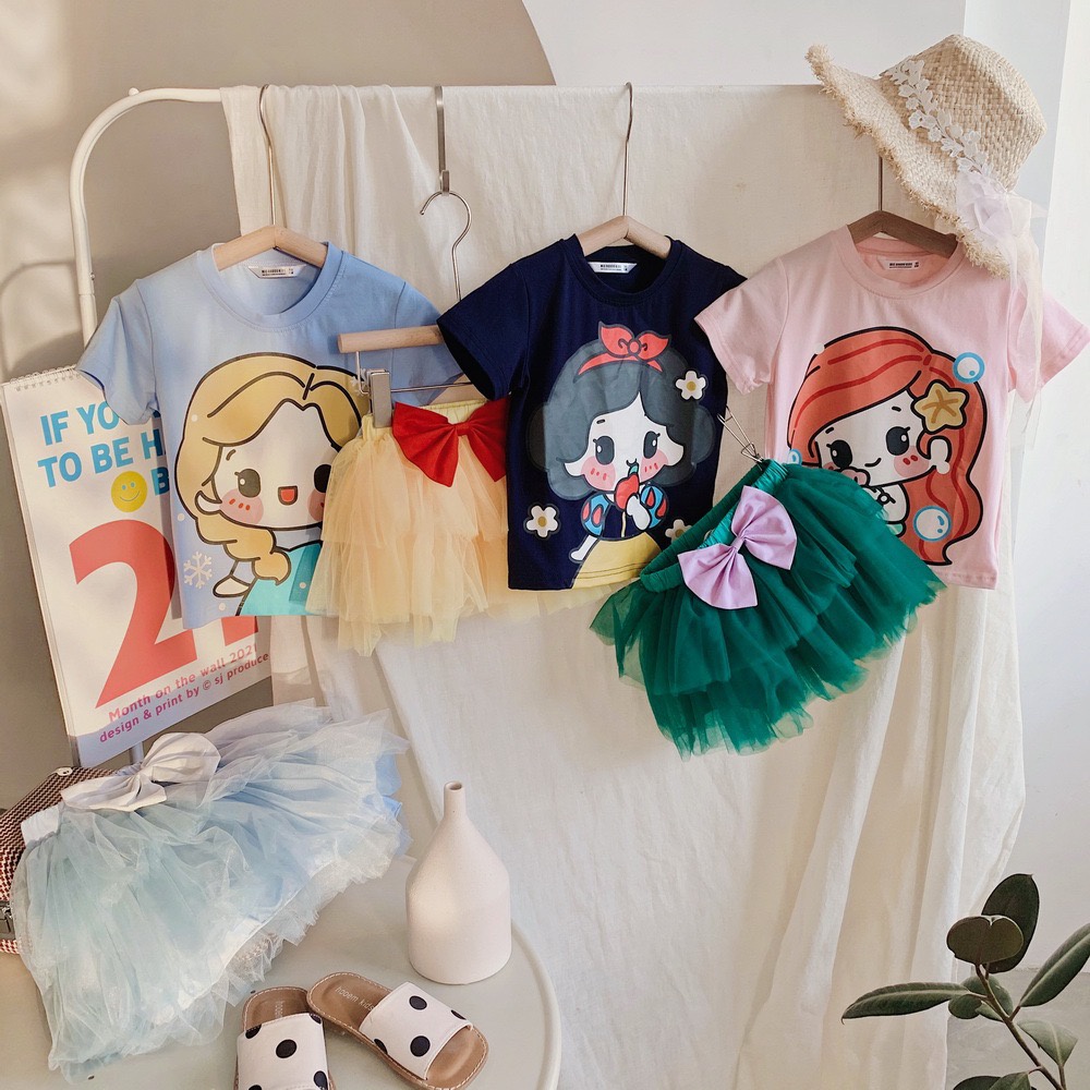 BAJU SETELAN ANAK TUTU 1 SET BAJU DAN ROK TUTU DISNEY PRINCESS BALLET FROZEN SNOWWHITE MERMAID