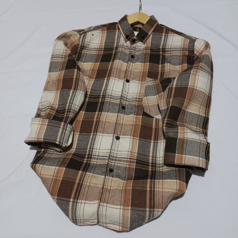 Kemeja flanel pria unisek flanel wanita panjang kotak-kotak kualitas impor bisa pilih motif-Caramel